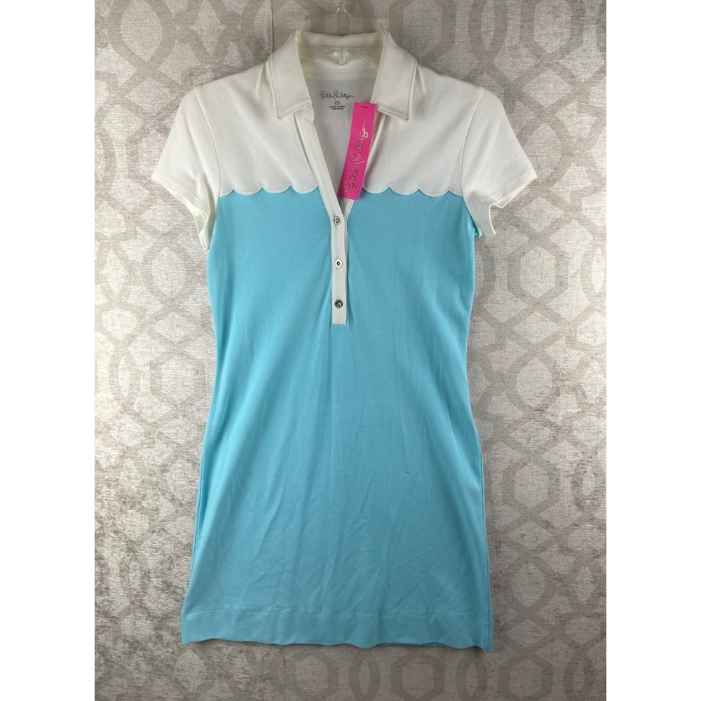 Lilly Pulitzer Tonda Polo Dress Nylon Womens XS Blue White Scallop NEW